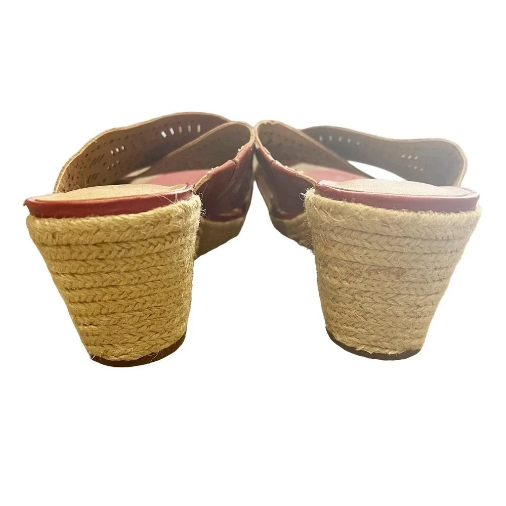 Lucky Brand NWOB Keela Rosewood Open Toe Leather Slip On Wedge Sandals Size 9.5